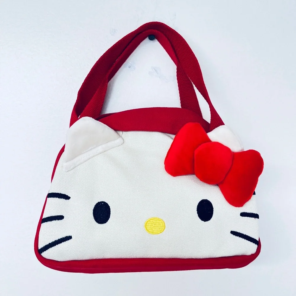Hello Kitty Red and White Canvas Bag with plush Bow, zipper pull pearl bead, NIP